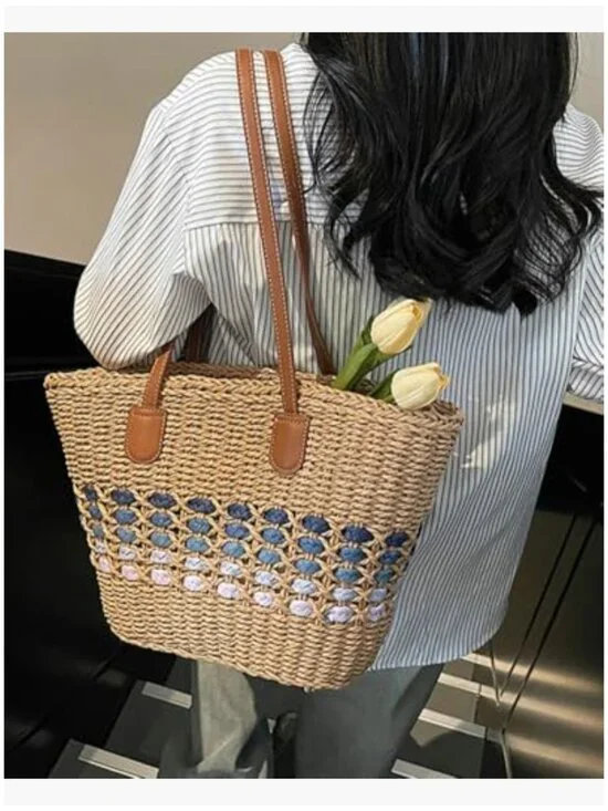 Straw Woven Tote Bag Shoulder Handbag Beach Vacation Travel Purse - Picture 2 of 7